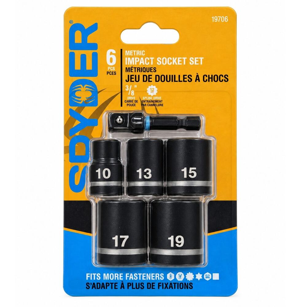 Spyder 6-Piece Metric Impact Socket Set 3/8" Drive Spline 19706 New
